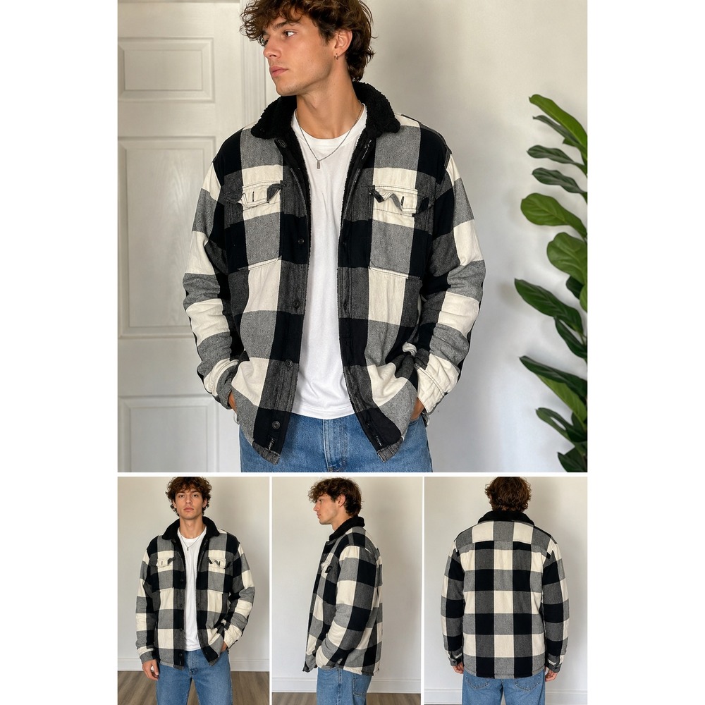 Hollister XL Sherpa Lined Buffalo Plaid Flannel Jacket Black White Grunge Y2K